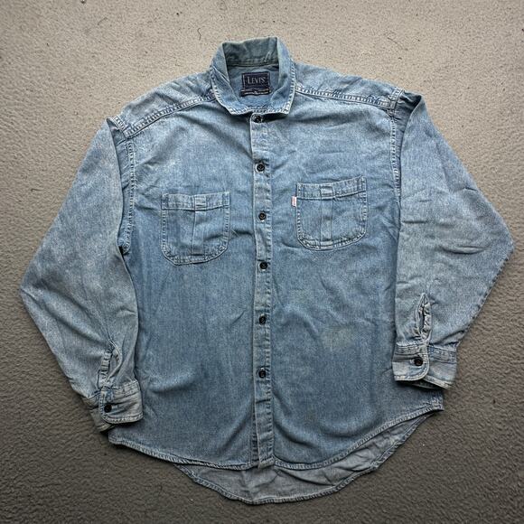 Vintage 80s Levis Chambray White Tab Button Up Shirt Mens XL Long Sleeve Denim - Picture 1 of 14